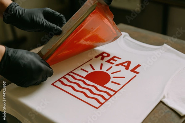 Fototapeta Screen printing process on t shirt with red sun and waves design