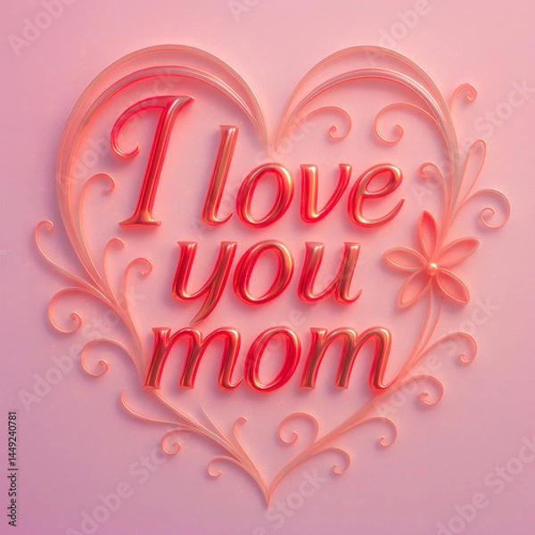 Fototapeta Romantic "I Love You Mom" Typography Design with Glossy Pink and Red Lettering, Heart-Shaped Flourishes, and Floral Accents on a Soft Gradient Background – Elegant Mother's Day Greeting Art