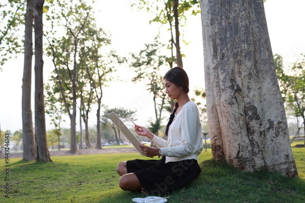 Fototapeta A joyful young artist paints indoors with vibrant colors, using brushes and splatters to express creativity and inspiration on a textured canvas.