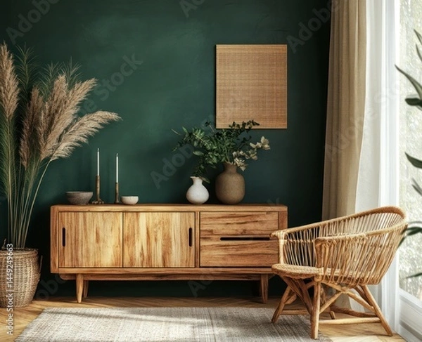 Fototapeta Earthy tones, natural materials, and warm lighting create a cozy living space.  Wooden cabinet, woven chair,  dried pampas grass, and muted green walls form a serene atmosphere