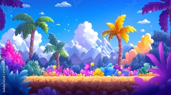 Fototapeta Vibrant Pixel Art Tropical Landscape with Palm Trees and Mountains
