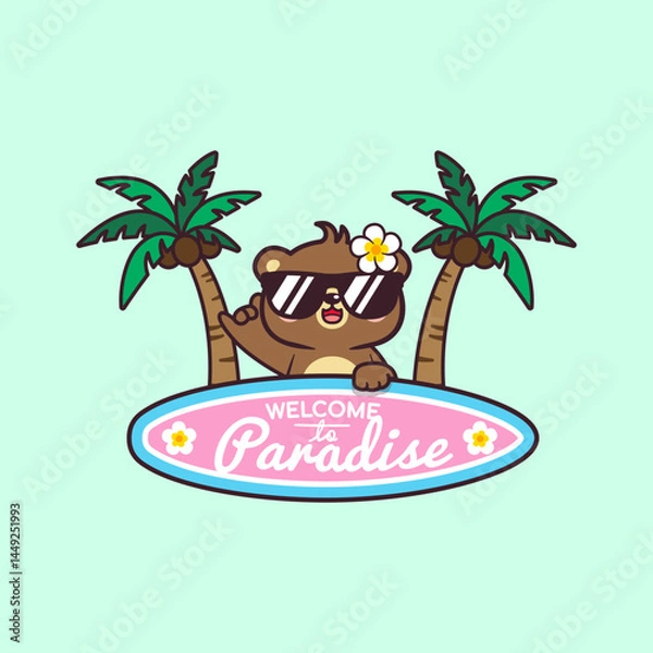 Fototapeta Cute Kawaii Happy Bear waving and holding surfboard with coconut tree background Cartoon Vector Illustration Logo Mascot. Summer Bear Animals Hand Drawn Retro Flat Cartoon