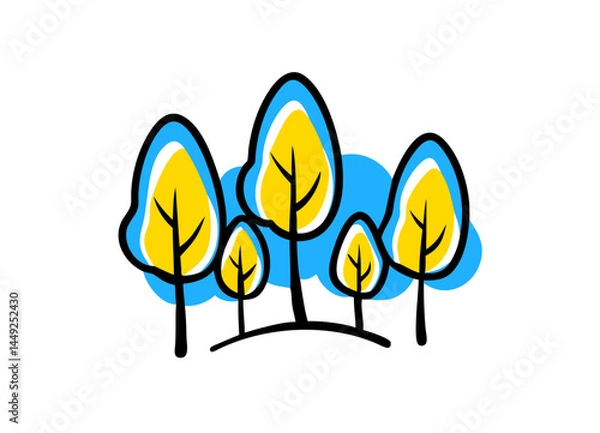 Fototapeta Abstract Vector Illustration of Five Stylized Trees with Yellow Leaves, Blue Outlines, and Black Trunks - Modern Nature Design