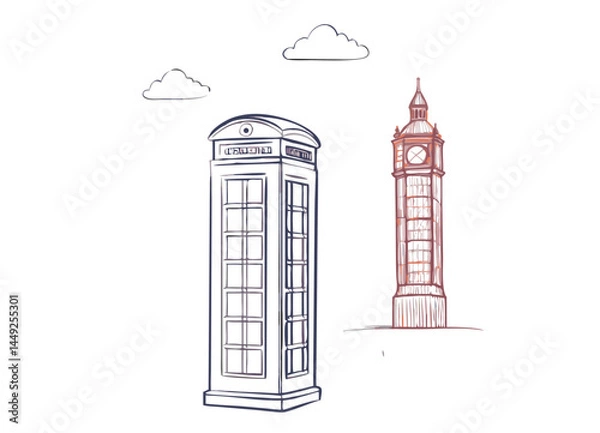 Fototapeta Vector Illustration of London Icons: Big Ben Clock Tower and British Telephone Booth with Minimalist Cloud Details – Representation of British Culture and Travel Concepts