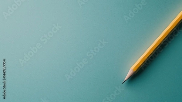Fototapeta A yellow pencil lies diagonally on a teal surface, creating a minimalist and clean visual composition.