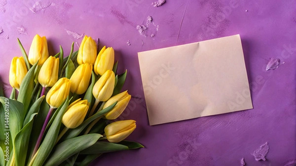Fototapeta greeting card - bouquet flowers ,clean copy space above for celebration message, isolated on purple background.
