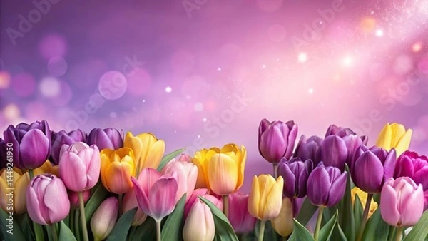 Fototapeta greeting card - bouquet flowers ,clean copy space above for celebration message, isolated on purple background.
