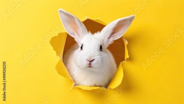 Fototapeta rabbit out of hole in paper yellow background

