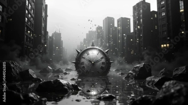 Obraz time lapse of clock in city on dark background