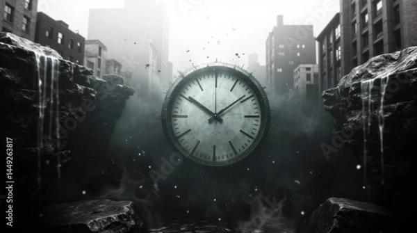Obraz time lapse of clock in city on dark background