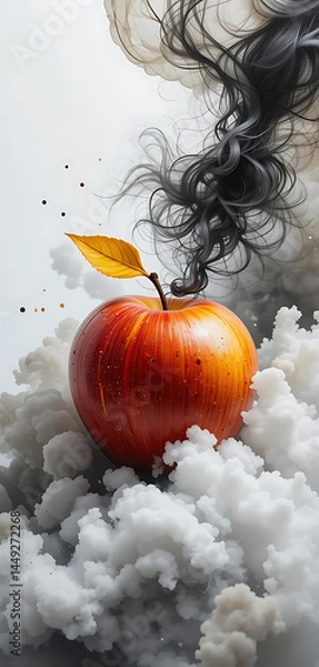 Obraz  Red Yellow Apple in White and Grey Ink Cloud, Fresh, Juicy, Healthy, Organic, Delicious, Colorful, Artistic,