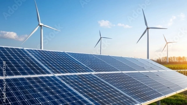 Fototapeta Sustainable Energy Landscape: Solar Panels & Wind Turbines solar panel photovoltaic wind turbine eco
