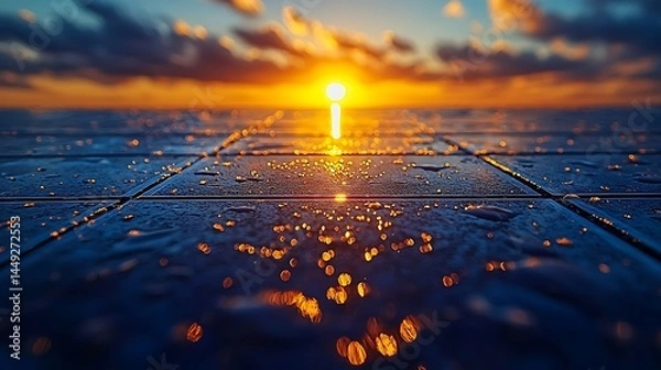 Fototapeta Vibrant Sunset Over Wet Pavement Reflecting Golden Light