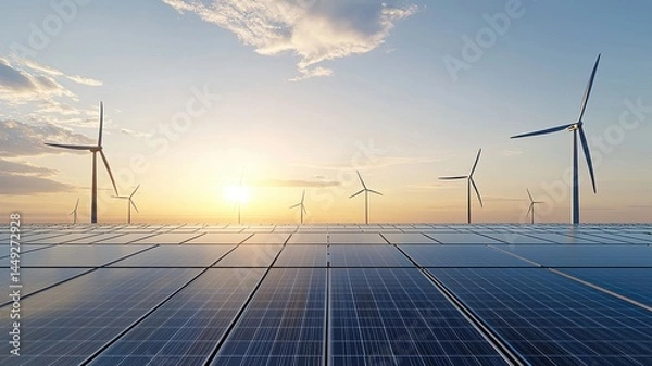 Obraz Renewable Energy Landscape: Solar Panels and Wind Turbines at Sunset solar panels wind turbines sky