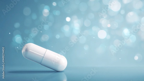 Fototapeta Sleek white capsule on minimalist blue background symbolizing pharmaceutical innovation for weight management, modern healthcare and medical treatment concept.