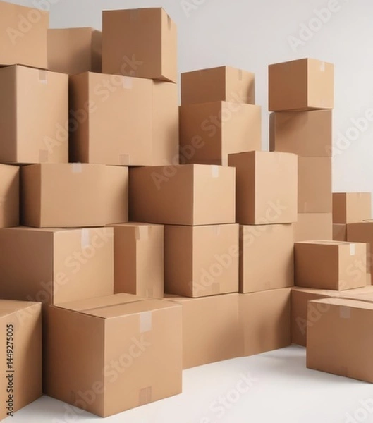 Fototapeta Several empty brown cardboard boxes against a bright white backdrop , recycling, texture, empty