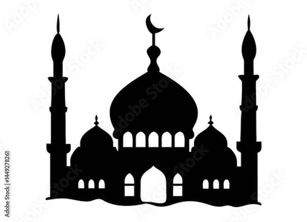 Fototapeta Silhouette of a Mosque with Domes and Crescent Symbols, Flanked by Minarets – Symmetrical Islamic Architecture