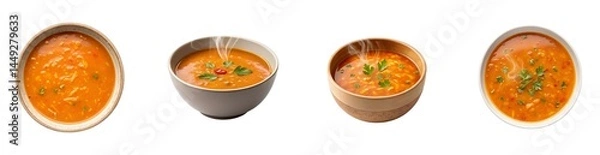 Fototapeta A collection of bowls showcasing appetizing servings of creamy, vibrant tomato soup transparent background Generative AI