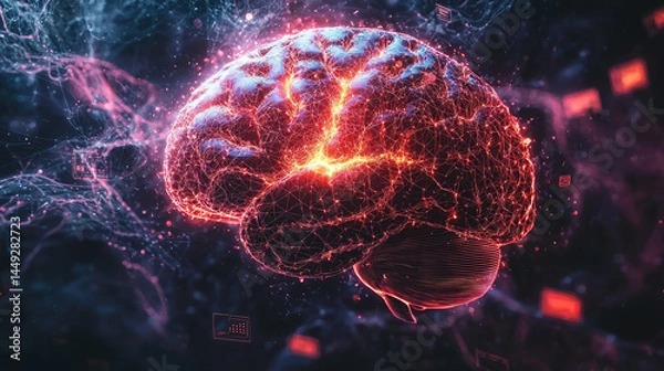 Obraz A vibrant, detailed illustration of a human brain, highlighted with glowing energy