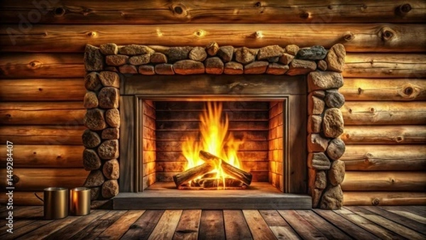 Obraz Cabin fireplace ambiance with log wall and crackling flames, log walls, wood logs
