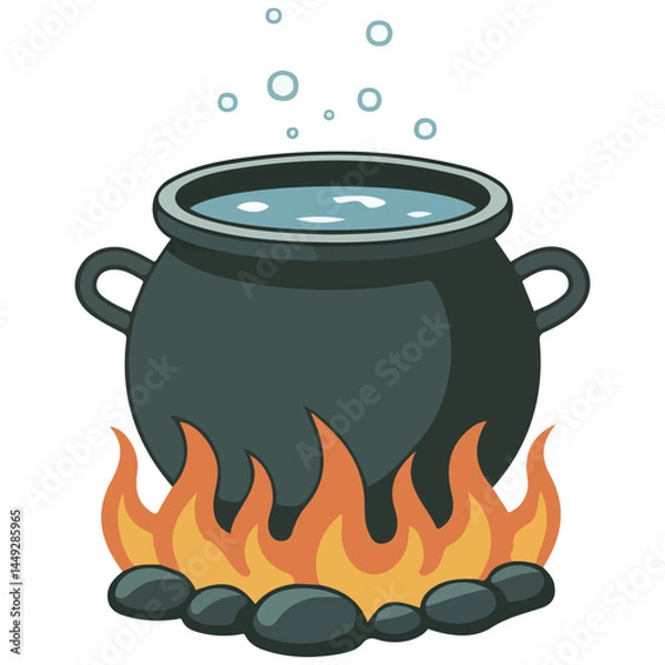 Obraz Camping pot boiling over bonfire isolated vector illustration on white background