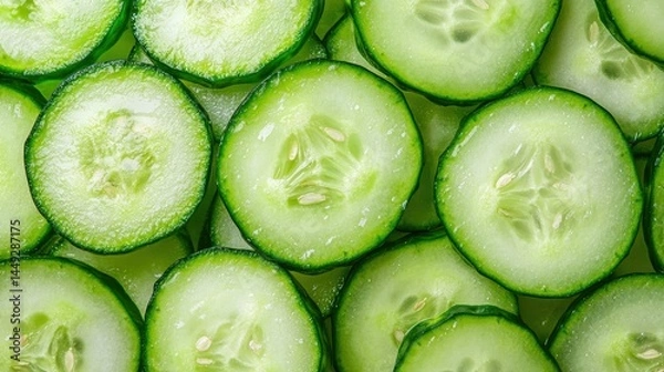 Fototapeta Thin slices of fresh cucumber arranged in a close-up, showing crisp texture and vibrant green color.