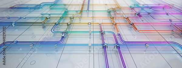 Fototapeta Routing, connections, distribution pipes concept as in facility design, BIM or distribution delivery network design.
