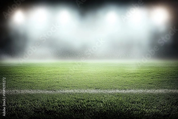 Fototapeta Empty stadium field, lit by spotlights, hazy atmosphere  Green grass, white lines