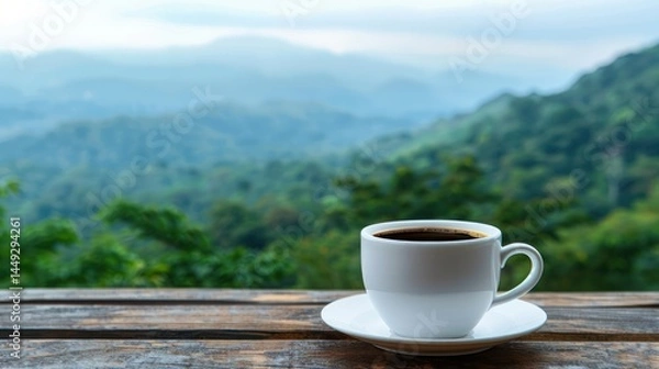 Fototapeta Serene Coffee Cup on Wooden Table overlooking Lush Green Mountain Landscape with Foggy Horizon in Calm Nature Setting for Relaxation and Refreshment