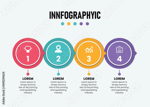 Fototapeta business-infographics-template, Modern infographic design with four circular steps For corporate business, Four-Step Infographic Vector Template with Colorful Circles