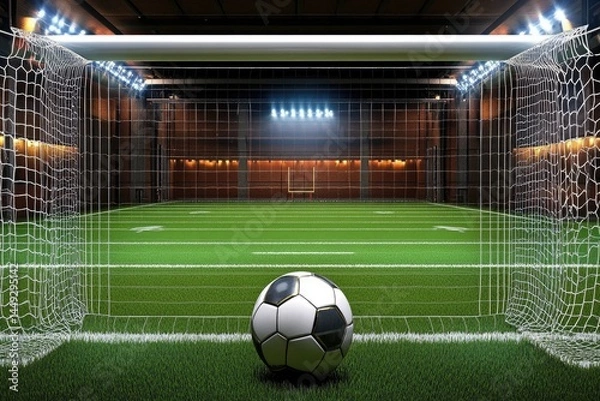 Fototapeta Indoor soccer goal with ball ready for kick  A soccer ball rests in front of a soccer goal on a green indoor pitch, illuminated by spotlights