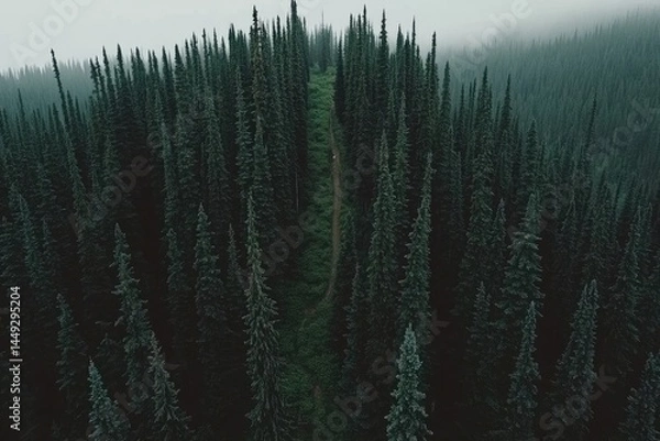 Fototapeta Dense forest path, misty mountaintop  A narrow trail winds through a dark evergreen forest, high in the mountains, shrouded in a hazy atmosphere
