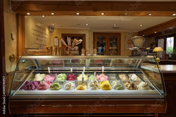 Fototapeta  Interior of a traditional Italian gelateria with a refrigerated display case showcasing assorted gelato flavors