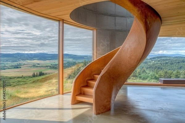 Fototapeta Spiral staircase with panoramic views  Wooden steps wind around a concrete core, offering a dramatic sight of rolling hills and distant forests through large windows
