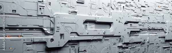Obraz Futuristic Sci-Fi Background Wall. White, Panelled Surface with Modular Sections, Embedded section and functions Integrated into the Wall Structure. 