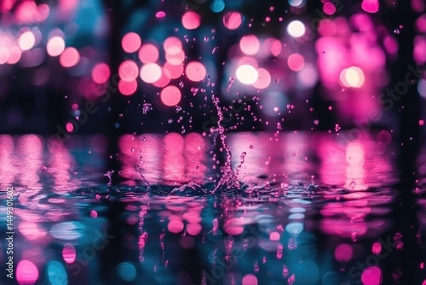 Fototapeta Splash of water reflecting vibrant pink and teal lights  Water droplets burst against a surface, reflecting colorful bokeh lights
