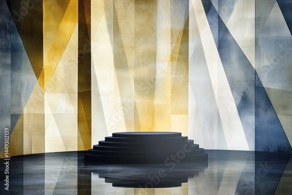 Fototapeta Empty, dark, tiered platform,  modern,  geometric,  abstract,  illuminated,  backdrop