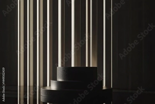 Fototapeta Dark grey, tiered, circular podium, within a  light beige, columned backdrop  A modern, minimalist,  product display,  with soft, diffused lighting