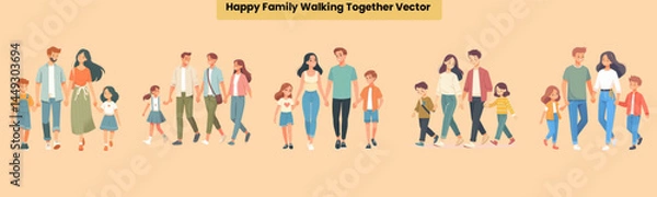 Obraz Set of flat-style family of four walking outdoors, showing connection, love, and healthy lifestyle. Perfect for family-themed content or parenting blogs.