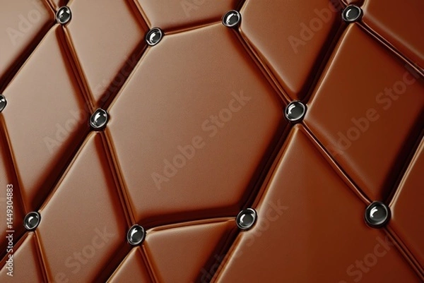Fototapeta Detailed close-up of a rich brown leather panel with hexagonal shapes and black studs  Interconnected panels create a geometric, textured pattern
