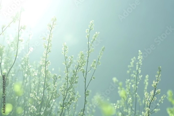 Fototapeta Delicate springtime blossoms in soft light, delicate branches with small white flowers, hazy background, sunlit