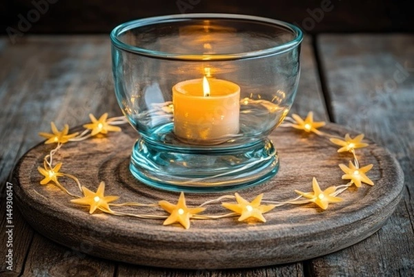 Fototapeta A warm, inviting candle in a glass bowl, surrounded by a string of small, golden stars