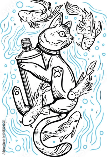 Obraz Cat with Spray Can and Fish