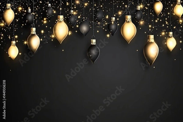 Fototapeta Dark background adorned with gold and black Christmas ornaments,  festive lights and glitter