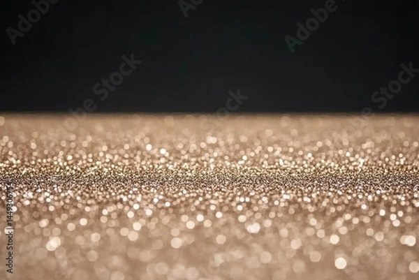 Fototapeta Glittery, champagne-toned surface with dark background  Close-up view of fine glitter particles