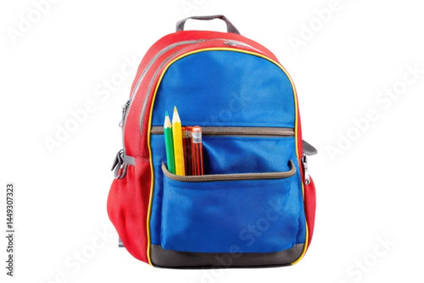Fototapeta Red and blue school backpack with pencils in front pocket, cut out