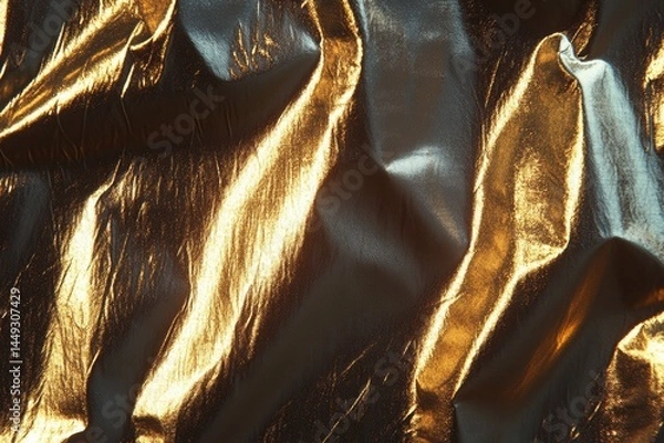 Fototapeta Gold fabric draped in folds, catching light  Texture is shiny, reflecting light in different intensities