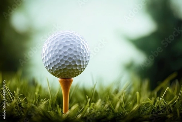 Fototapeta Golf ball on tee in green grass  Blurred background of trees and nature