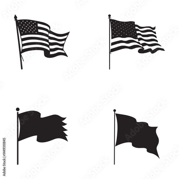 Obraz Four black and white silhouettes of American flags waving on poles.