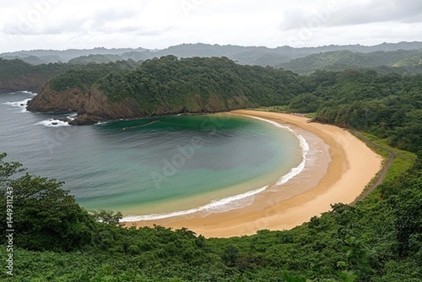 Fototapeta Serene bay with a crescent-shaped beach, lush green hills, and a tranquil ocean view  A secluded cove, framed by dense forest, with a golden sand beach curving into the turquoise water